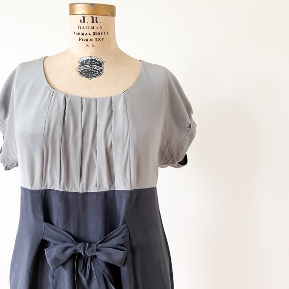 Planet 100% Silk Colour Block Pleated Midi Dress Size 10 - Tie Belt Cap Sleeves - Picture 3 of 14